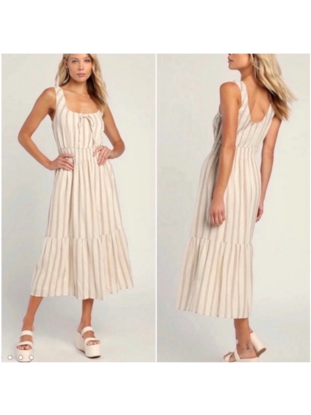Lulu's Cream and Beige Striped Tie-Front Midi Dress size M